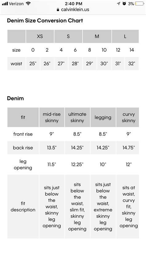 calvin klein size chart jeans